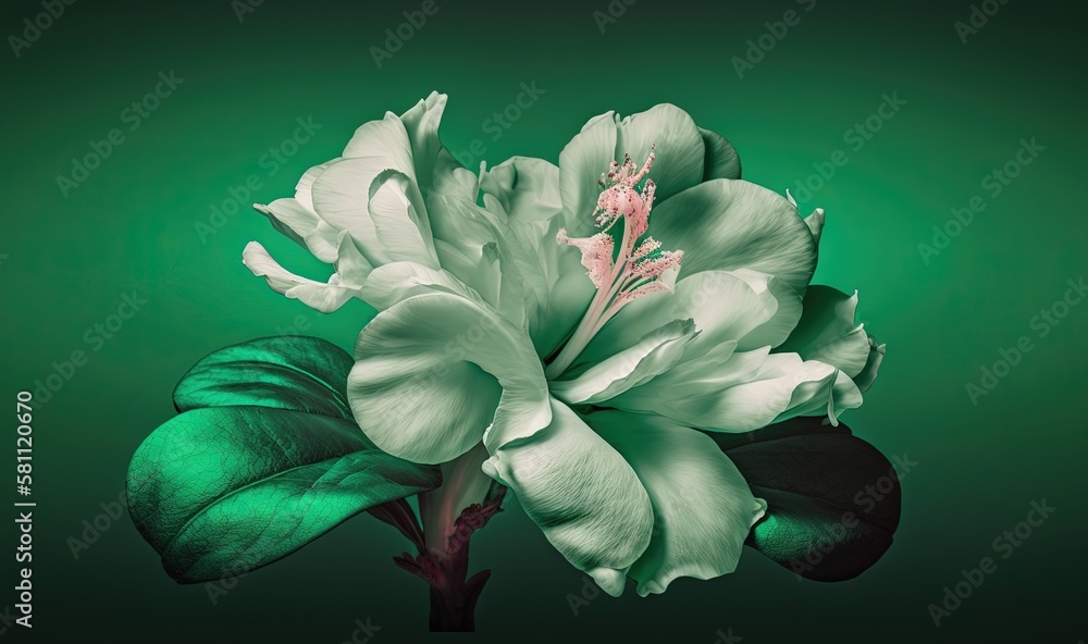  a white flower with green leaves on a dark green background with a green backgrounnd of the flower 