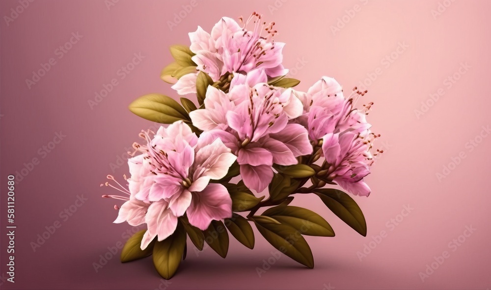 a bouquet of pink flowers with green leaves on a pink background with space for a text or a picture
