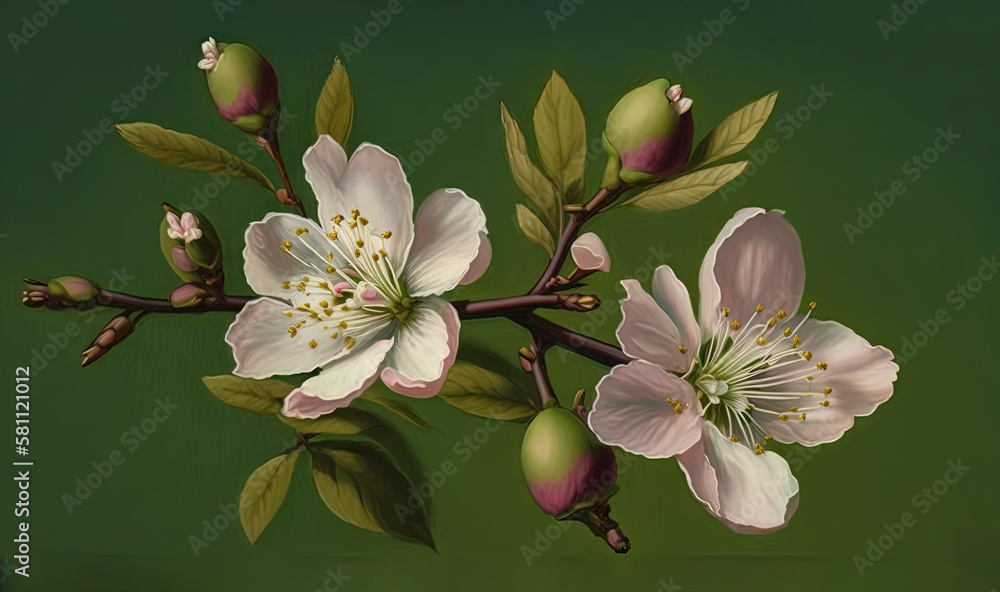 a painting of a branch with flowers and leaves on a green background with a green background and a 