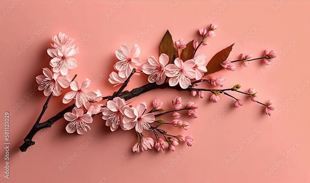  a branch of a cherry blossom on a pink background with leaves and buds of a cherry blossom on a pin