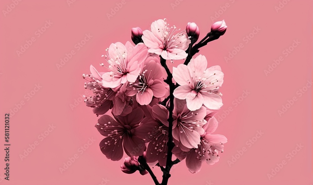  a pink background with a branch of a cherry tree with pink flowers in the center of the branch, wit