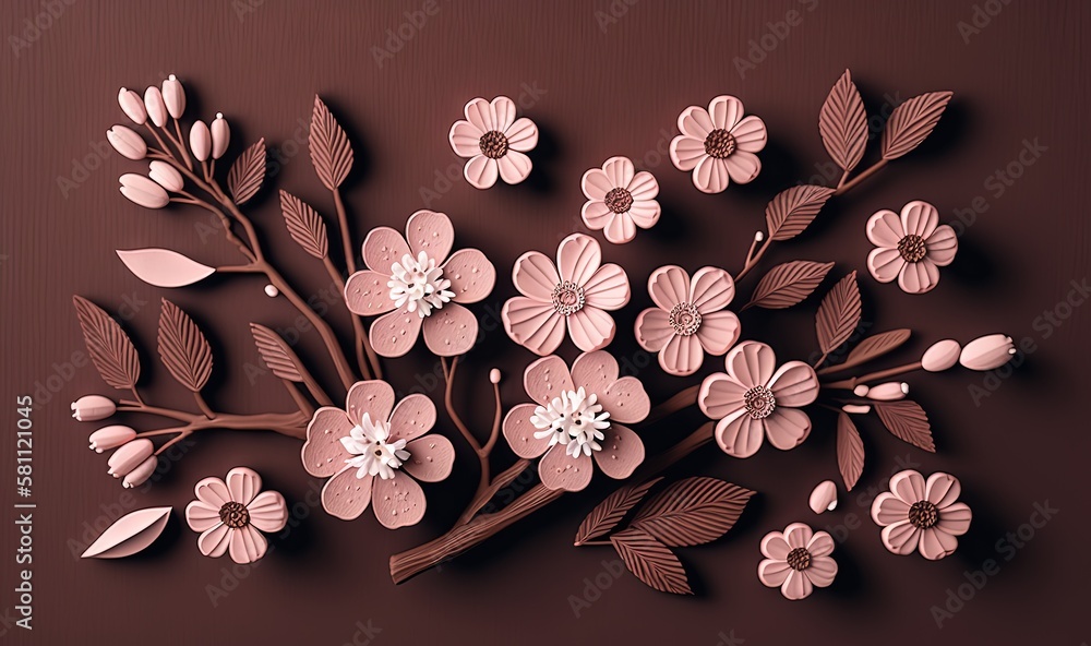  a bunch of pink flowers on a brown background with leaves and flowers in the center of the image ar