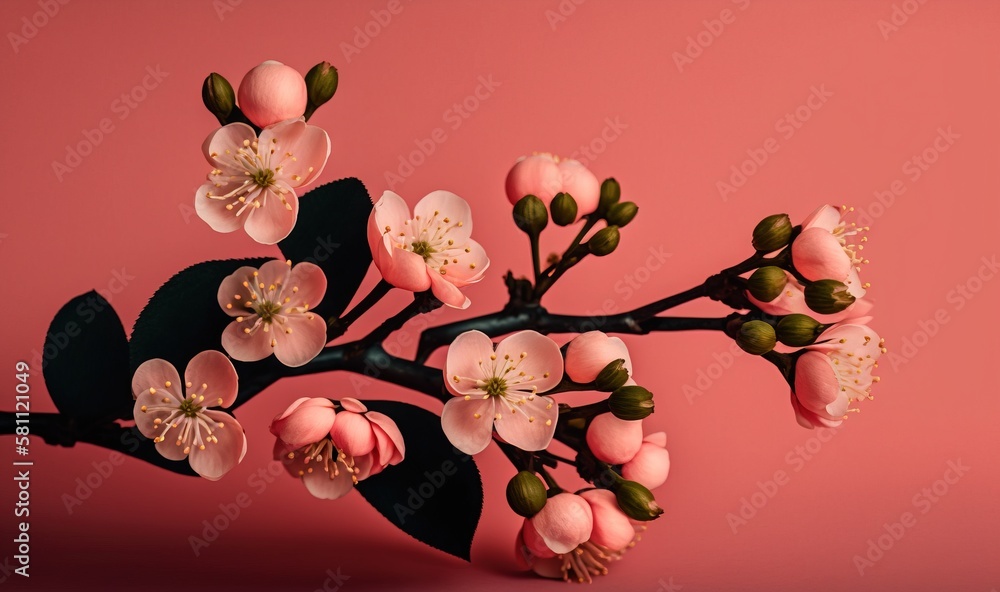  a branch of a flowering plant with pink flowers on a pink background with a shadow of a branch of a