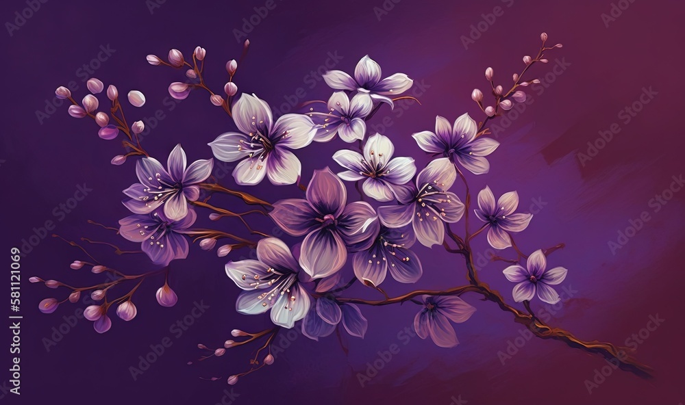  a painting of a branch with purple flowers on a purple background with a dark purple background and