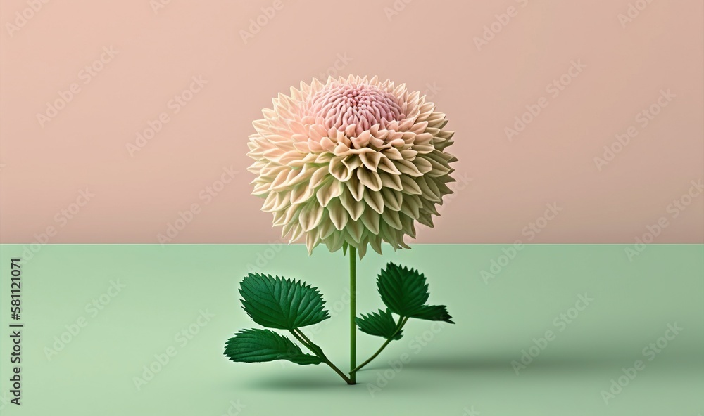  a pink flower with green leaves on a green and pink background with a pastel pink wall in the backg