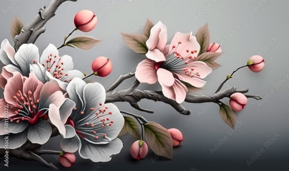  a painting of flowers on a branch with leaves and buds on a gray background with a black background