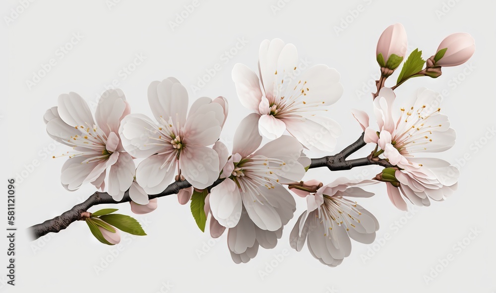  a branch of a flowering tree with pink flowers and green leaves on it, against a white background, 