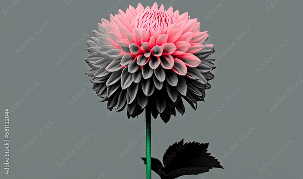  a pink and grey flower with a green stem on a gray background with a black stem on the top of the f