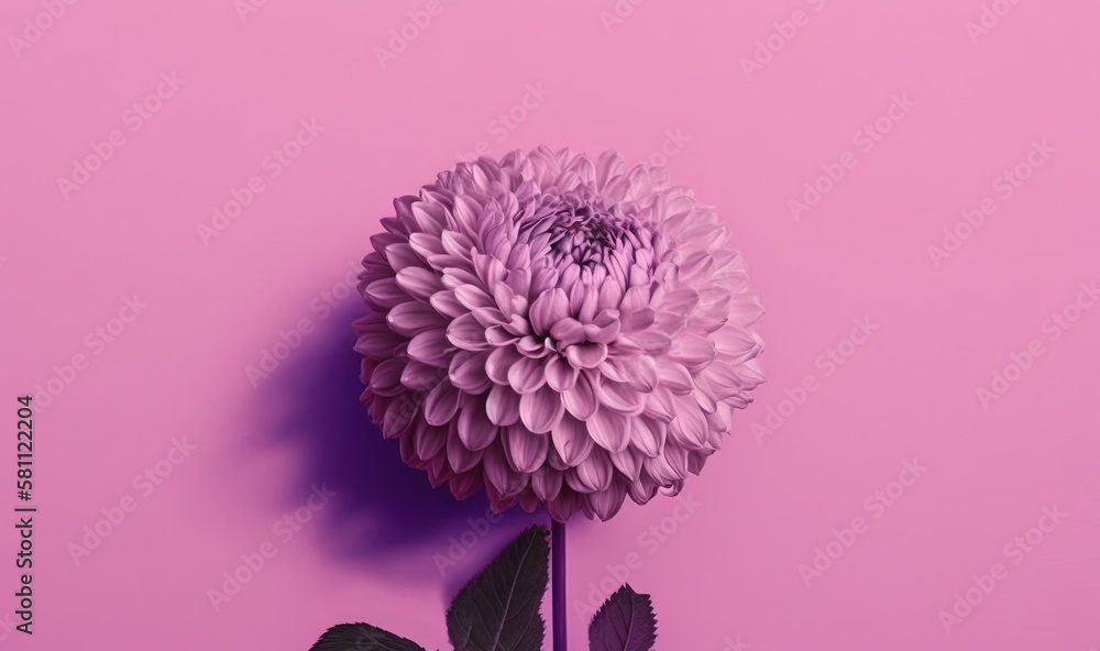  a purple flower on a pink background with leaves on the bottom of the flower stem and the center of