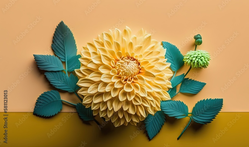  a yellow flower with green leaves on a yellow and pink background with a green stem on the left sid
