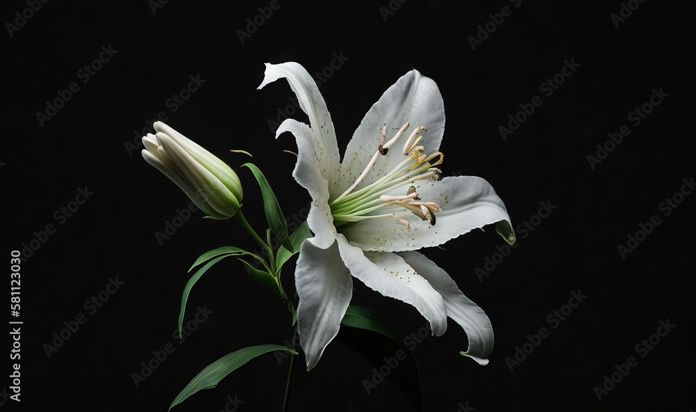  a white flower with green leaves on a black background with a black back ground and a black back gr