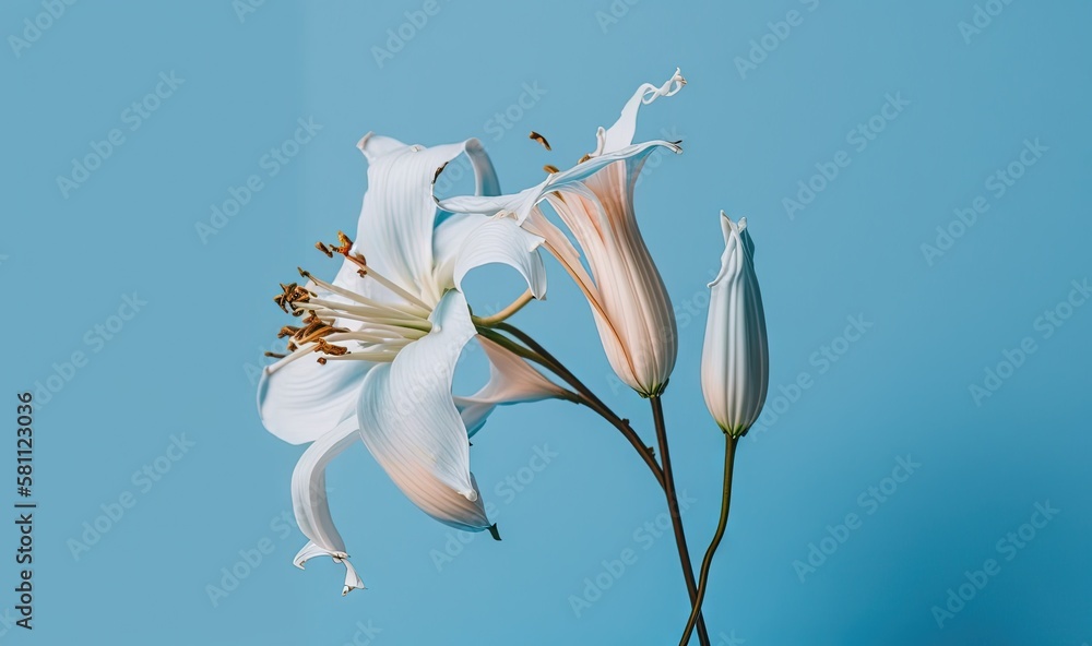  a white flower is in a vase on a blue background with a blue sky in the backround of the picture is
