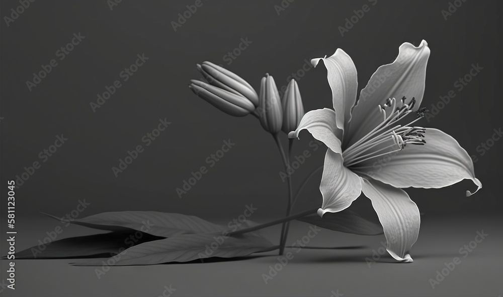  a flower that is sitting on the ground with a black and white photo of its petals and a single flo