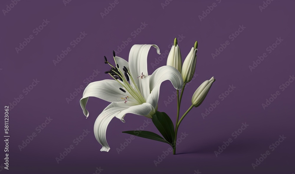  a white flower with green leaves on a purple background with a purple background and a purple backg