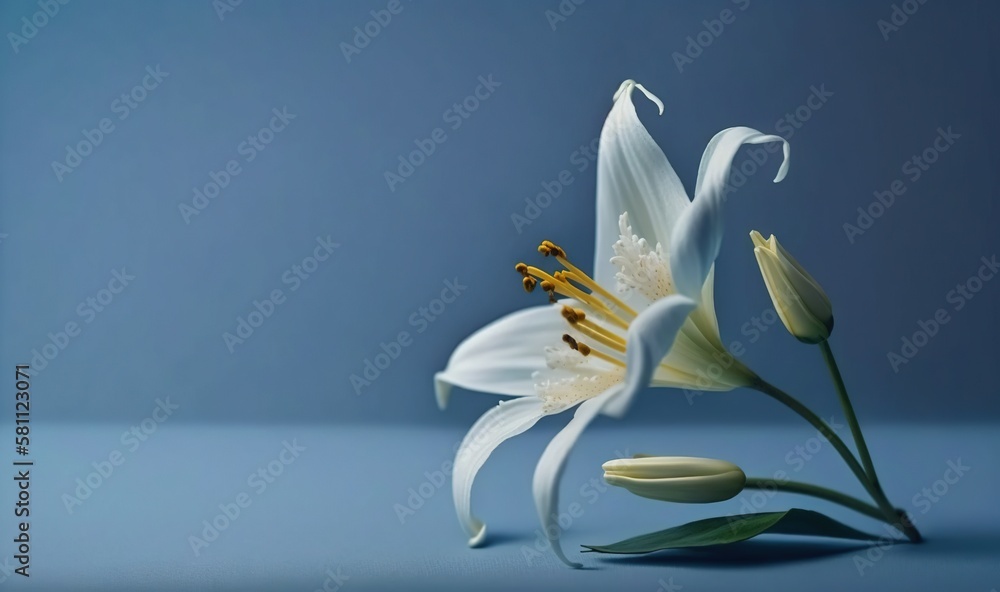  a white flower with green leaves on a blue background with a blue background and a light blue back 