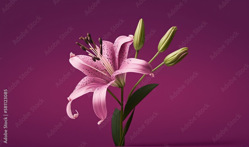  a pink flower with green leaves on a purple background with a pink background and a purple backgrou