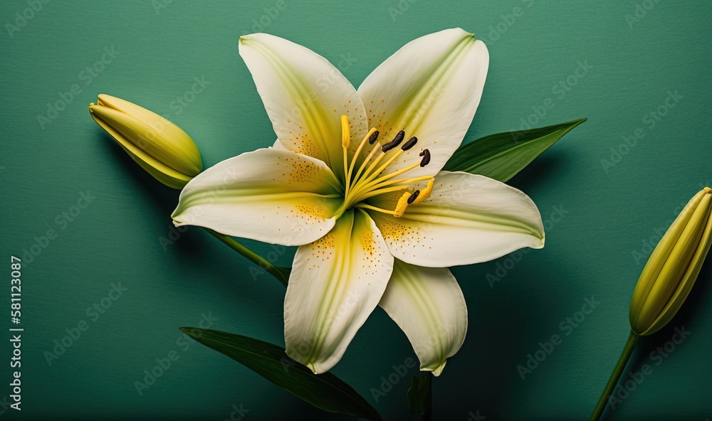  a white flower with yellow stamens on a green background with a green stem and two green leaves on 