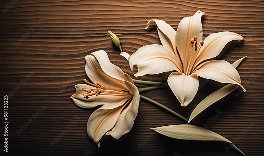  two white flowers on a wooden surface with a brown background and a black background with a white s