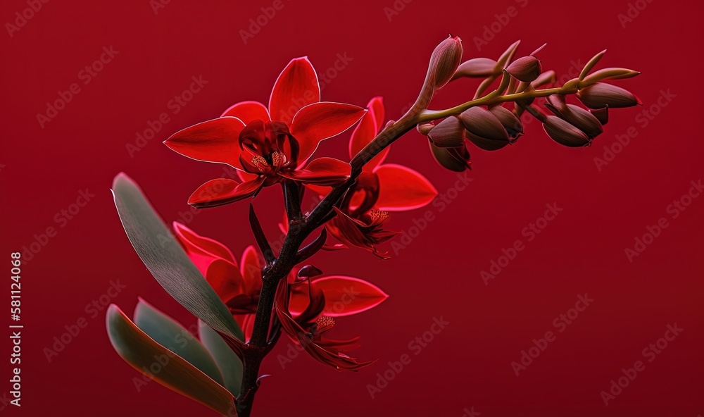  a red flower with green leaves on a red background with a red background and a red background with 