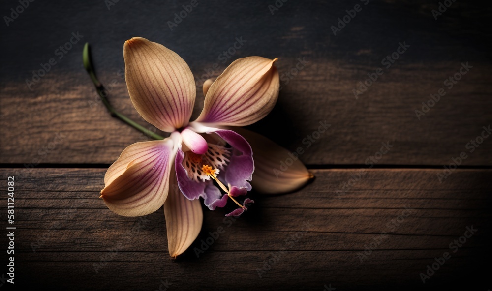  a flower that is sitting on a wooden table with a dark background and a wooden surface with a woode