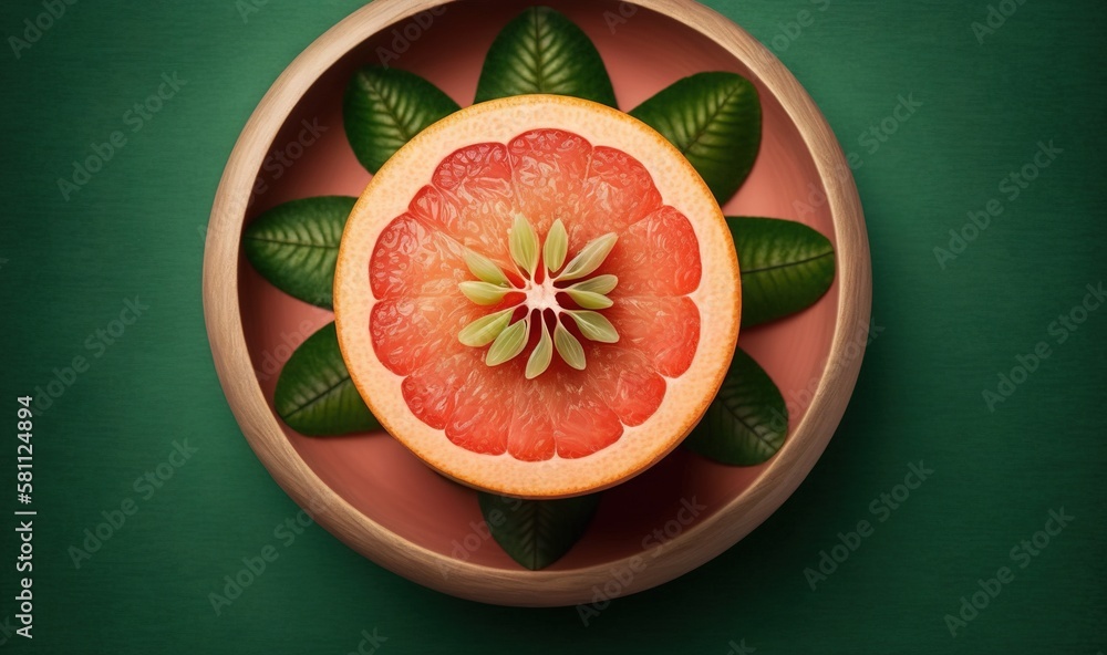  a grapefruit cut in half on a pink plate with green leaves on a green background with a green leafy