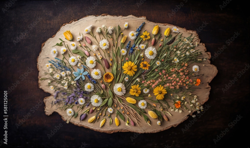  a piece of wood with a bunch of flowers on it and a bunch of flowers on the top of it on a table to