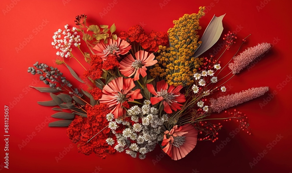  a bouquet of flowers on a red background with leaves and flowers in the center of the bouquet, top 
