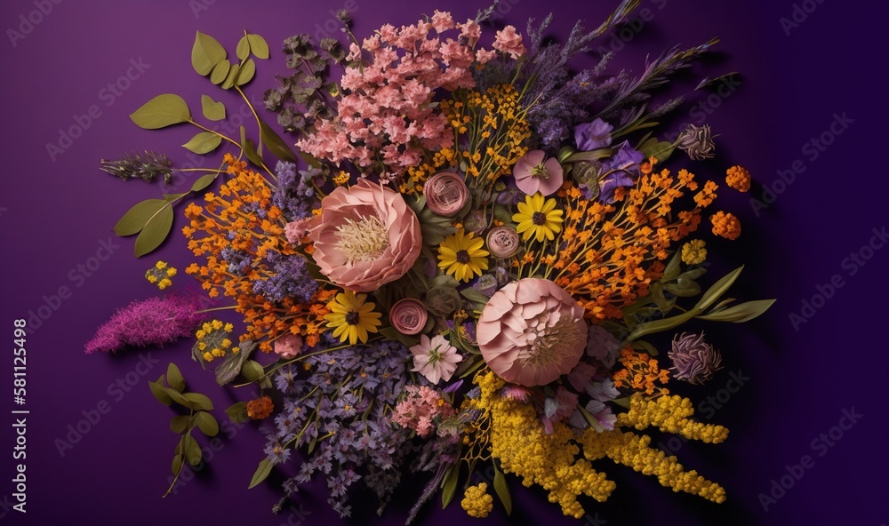  a bouquet of flowers on a purple background with leaves and flowers in the center of the bouquet, w