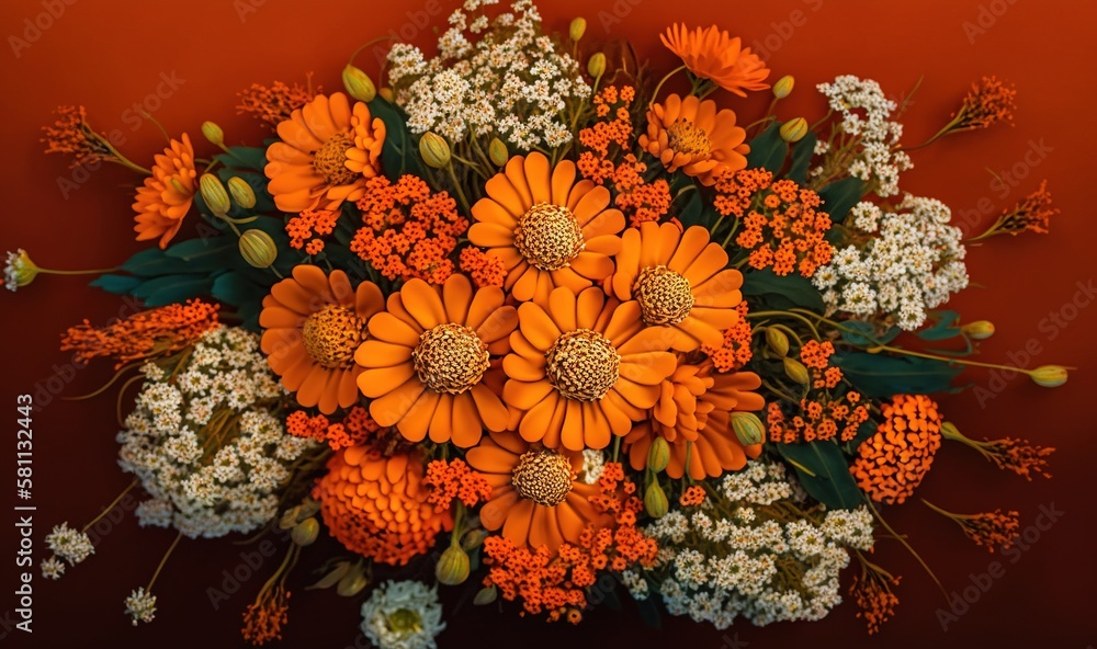  a bouquet of orange and white flowers on a red background with leaves and flowers in the center of 
