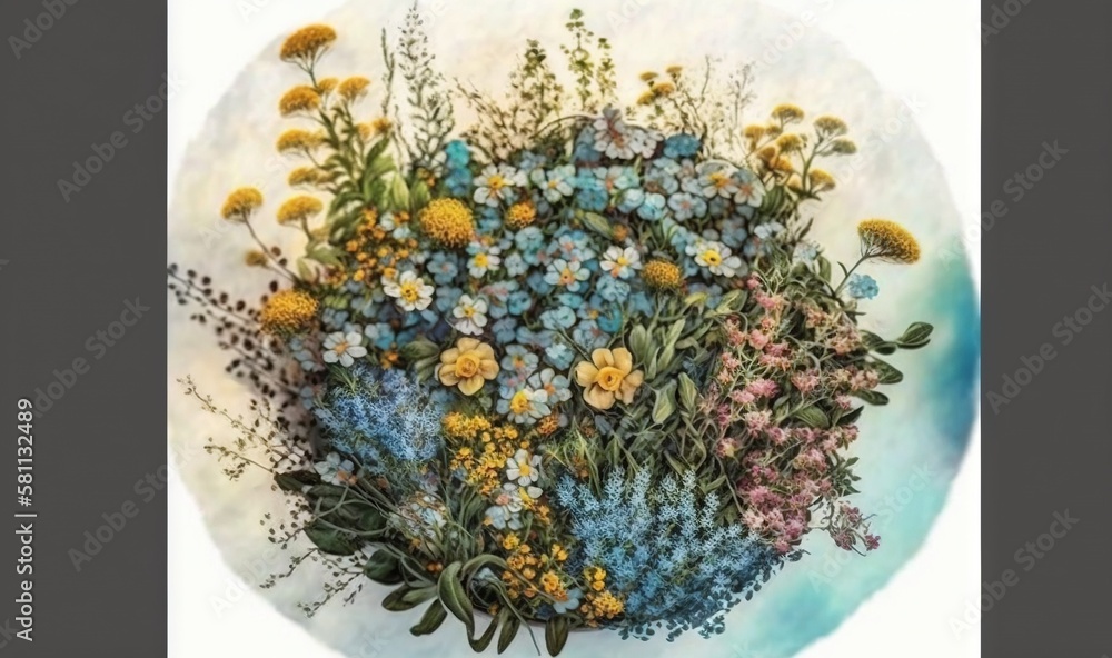  a painting of a bunch of flowers on a white plate with blue and yellow flowers in the middle of the