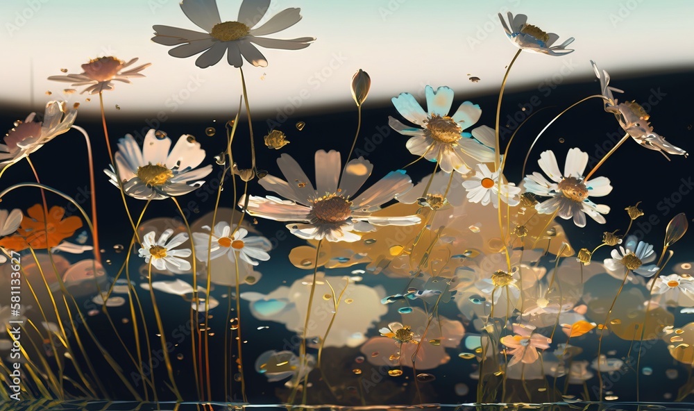  a bunch of flowers that are in the grass with water droplets on them and a bird flying in the sky a