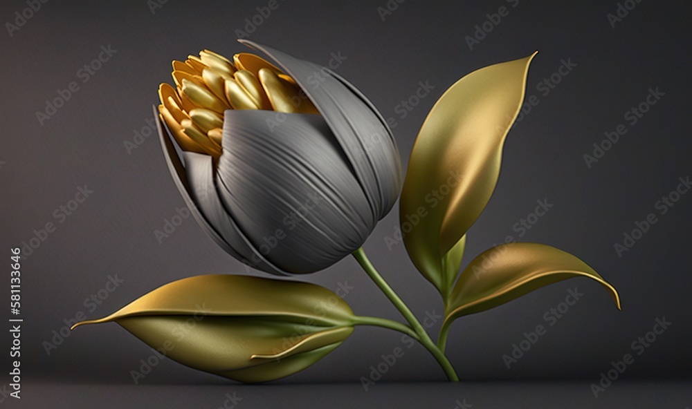  a silver and gold flower on a gray background with a green leafy stem in the center of the flower, 