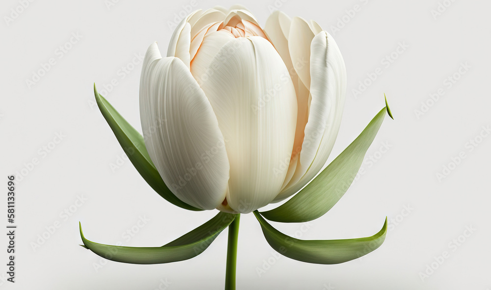 a white flower with a green stem on a white background with a light reflection in the center of the