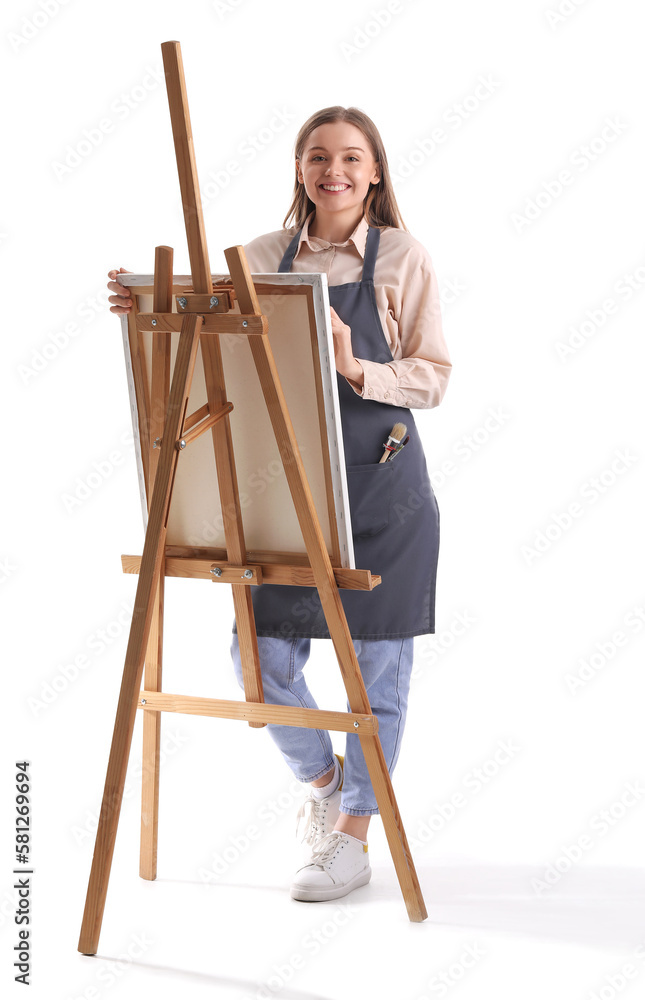 Drawing teacher with easel on white background