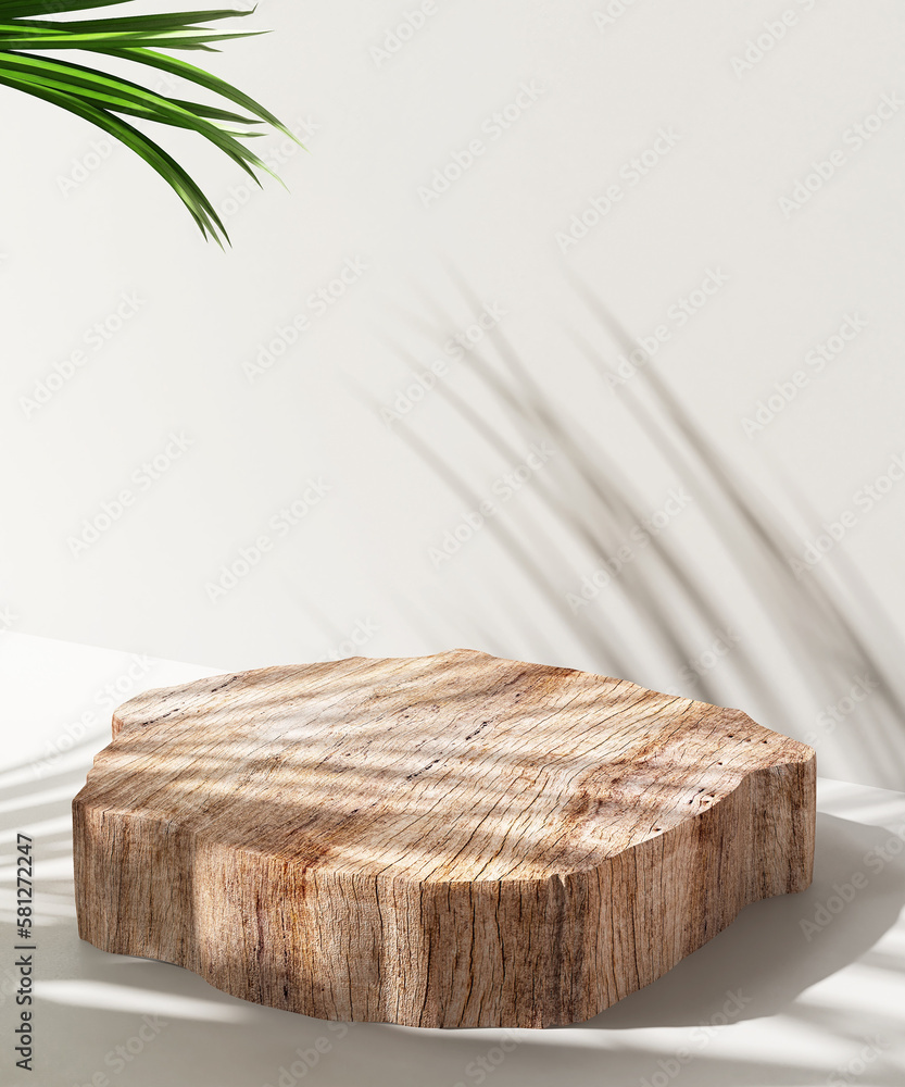 Minimal, natural log wood podium cutting board in sunlight, palm leaf shadow in blank cream white wa