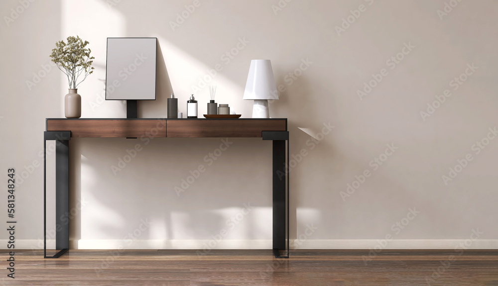 Modern, sleek, minimal wooden dressing table, black steel leg, vanity mirror, lamp and bouquet in va