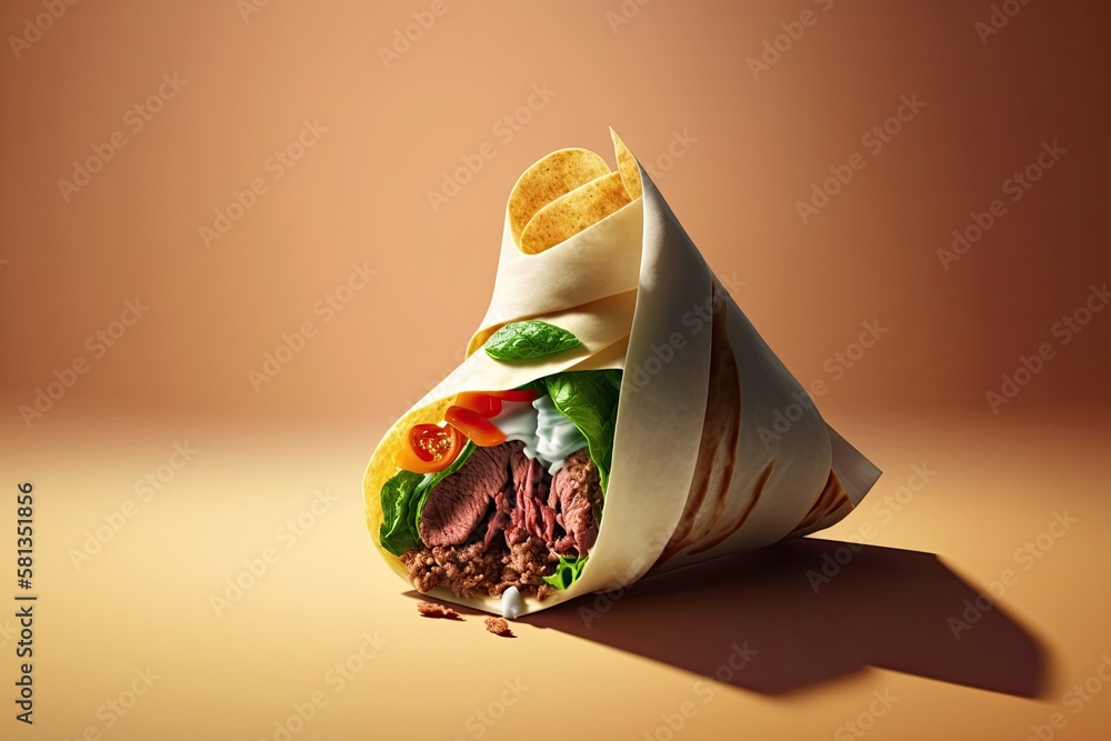 Shawarma wrap with beef on color background with hard shadow. Beef shawarma sandwich in abstract sty