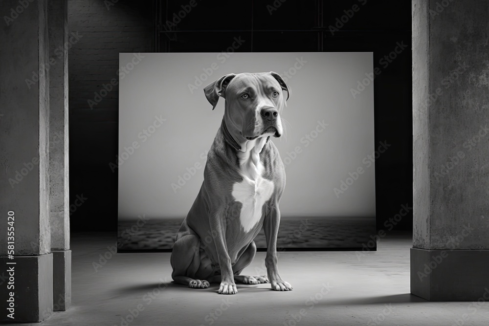 A dog is shown in a studio image against a blank wall. Generative AI