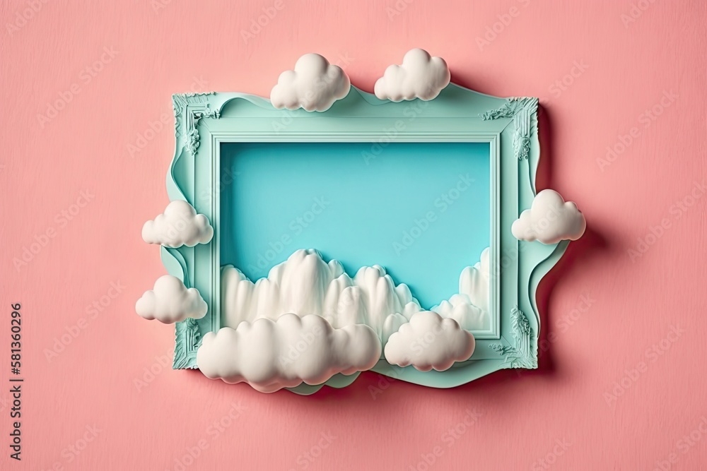Vintage white frame with pink cloud shapes on a light blue background. minimal composition of the bo