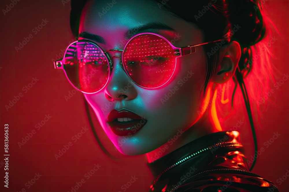 a cyberpunk aesthetic. individuals in neon lights. contemporary portrait. Glamour Asian woman wearin