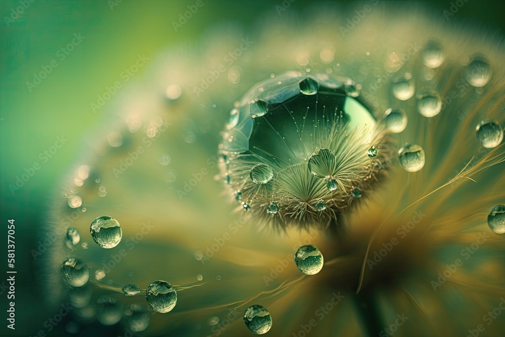 macro abstract photography Water Drops with a Dandelion. Green and artistic landscape background. Fl