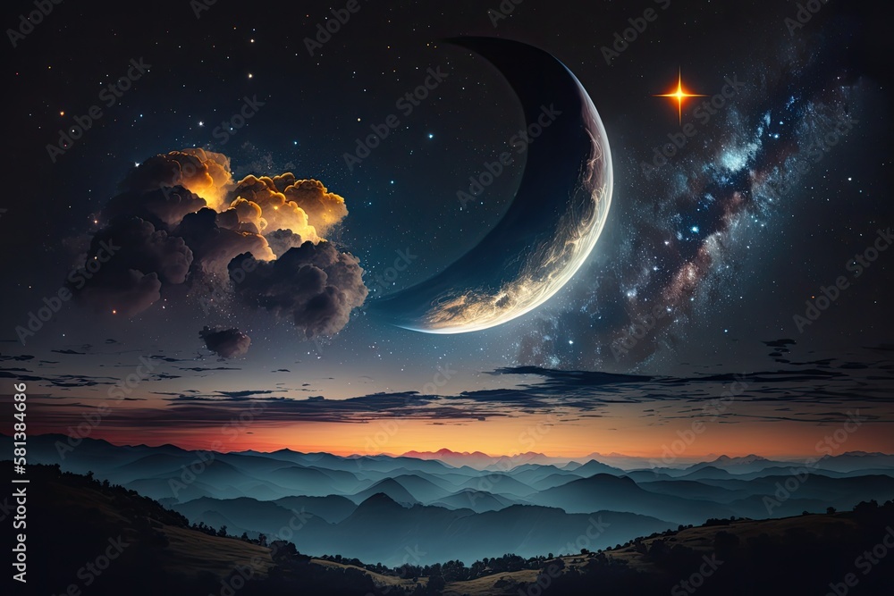 Beautiful background new moon in dark blue sky with stars, glowing sunset clouds. Elements of this i