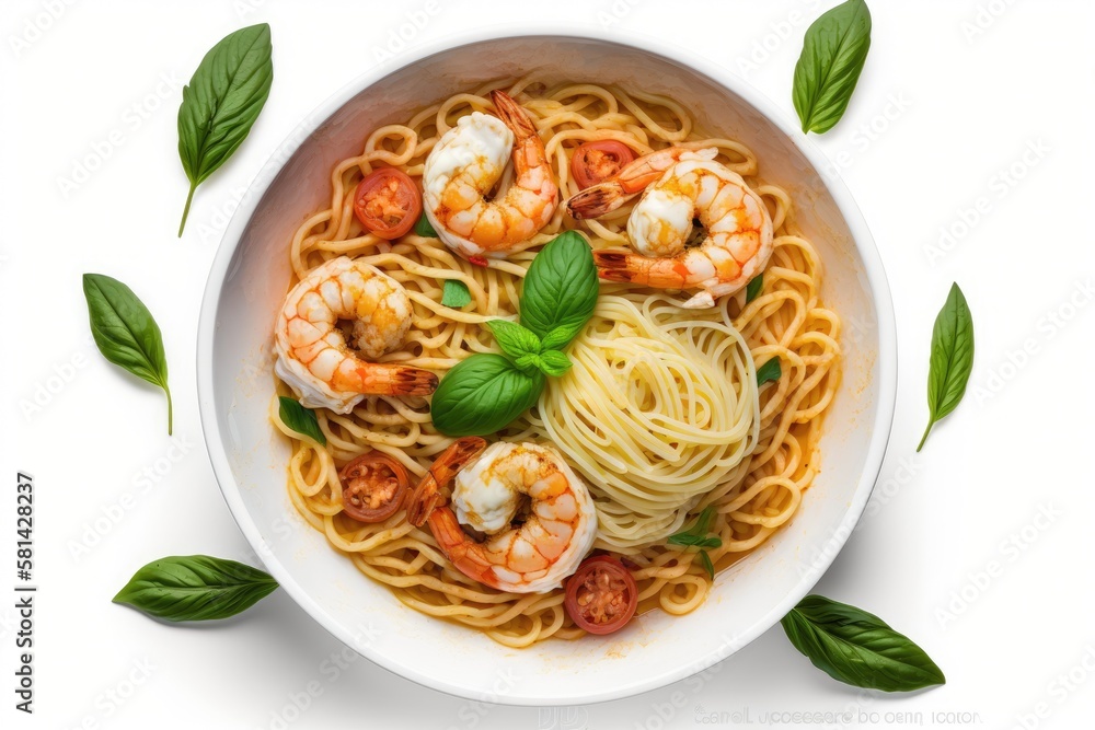 Bowl of spaghetti and fried prawns, top view, isolated on white. Generative AI