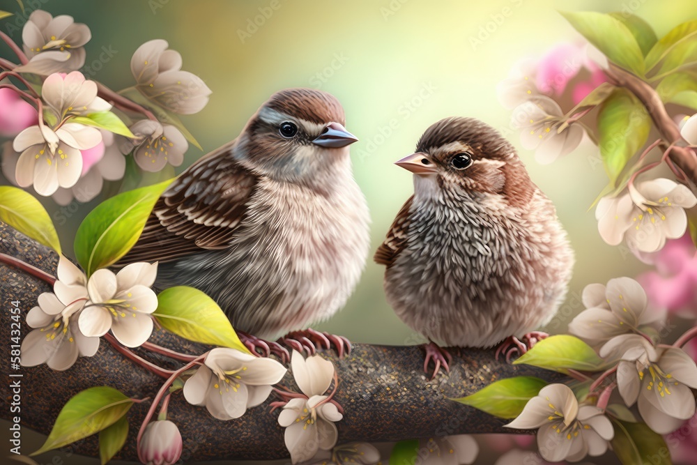 little sparrow bird chicks sit on the branch of an apple tree with pink flowers in the spring garden