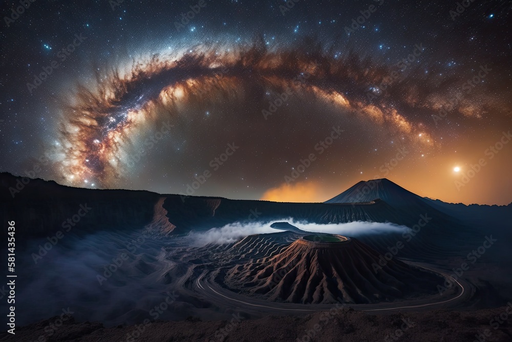 Indonesias Bromo in a cloudy sky with the Milky Way. Generative AI
