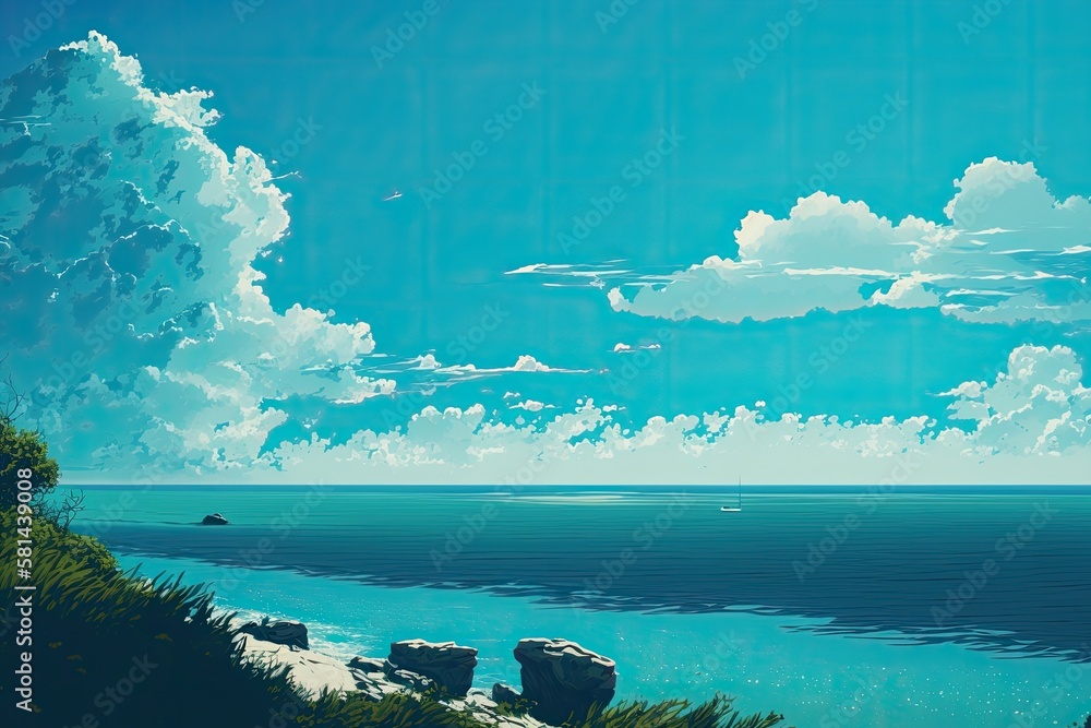 cloudless sky and the azure sea meet in the horizon. Generative AI
