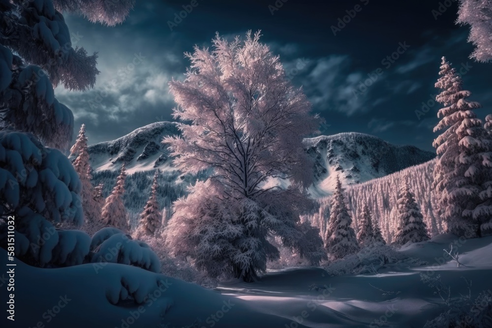 Mountain trees covered in snow at dusk Stunning winter scenery Forest in winter. innovative tonal ef