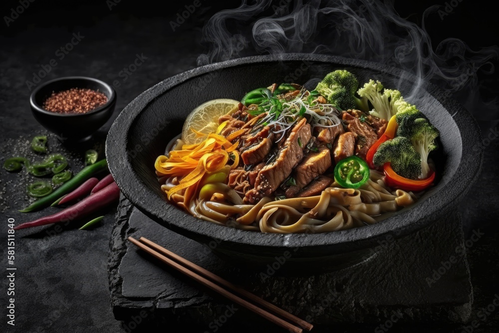 Udon noodles stir fried with pork and veggies on a dark platter against a background of black stone.