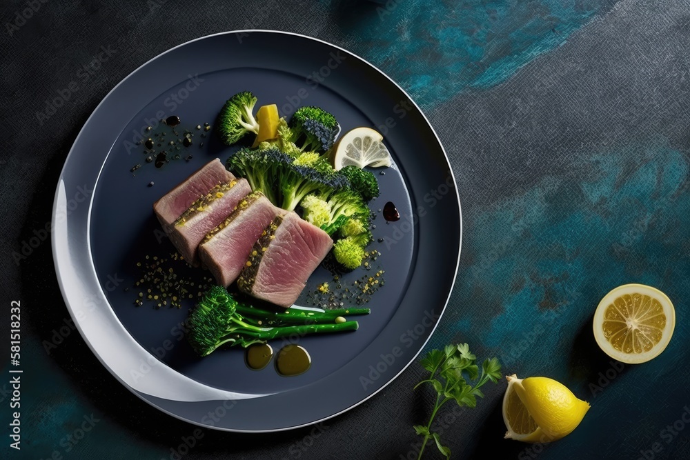 Grilled tuna steak with broccoli and zucchini in modern ceramic plate. Healthy food roasted tuna wit