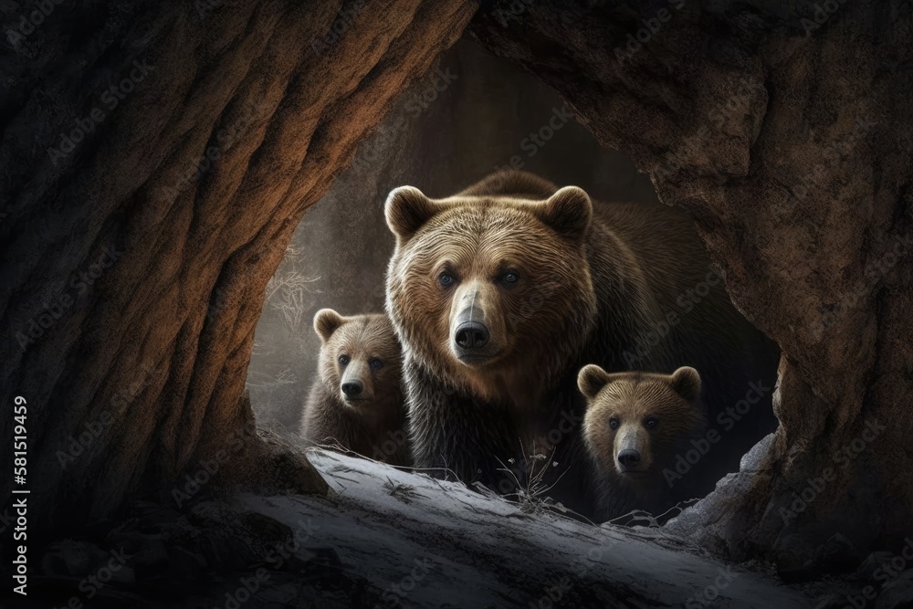 In the winter, a brown bear (Ursus arctos) with two cubs peers out of its cave beneath a large rock 